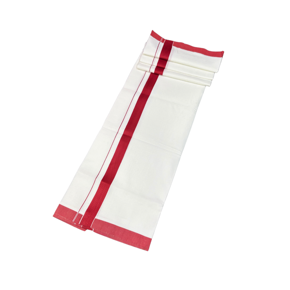 Ramsons Cotton White Single Dhoti with 1 Inch Maroon Kattikara - RM805