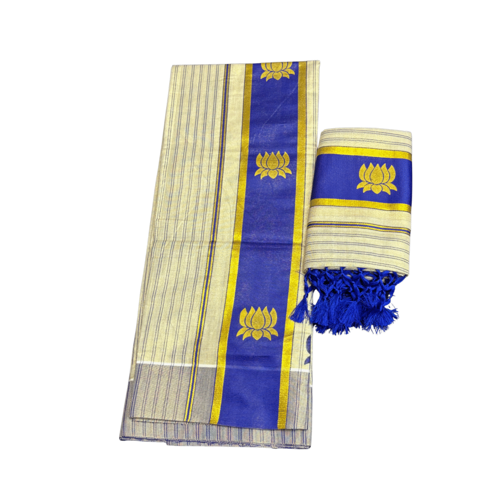 Ramsons Gold Lotus Printed Tissue Set Mundu with Tassels – RM6488