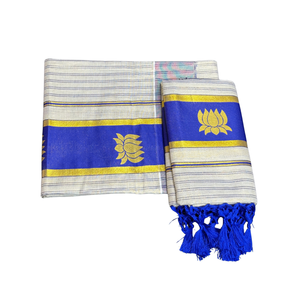 Ramsons Gold Lotus Printed Tissue Set Mundu with Tassels – RM6488