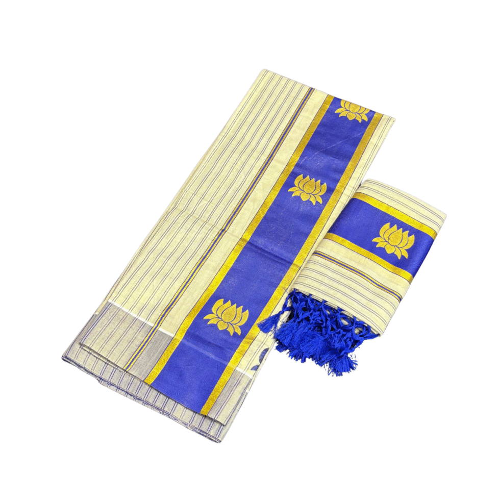 Ramsons Gold Lotus Printed Tissue Set Mundu with Tassels – RM6488