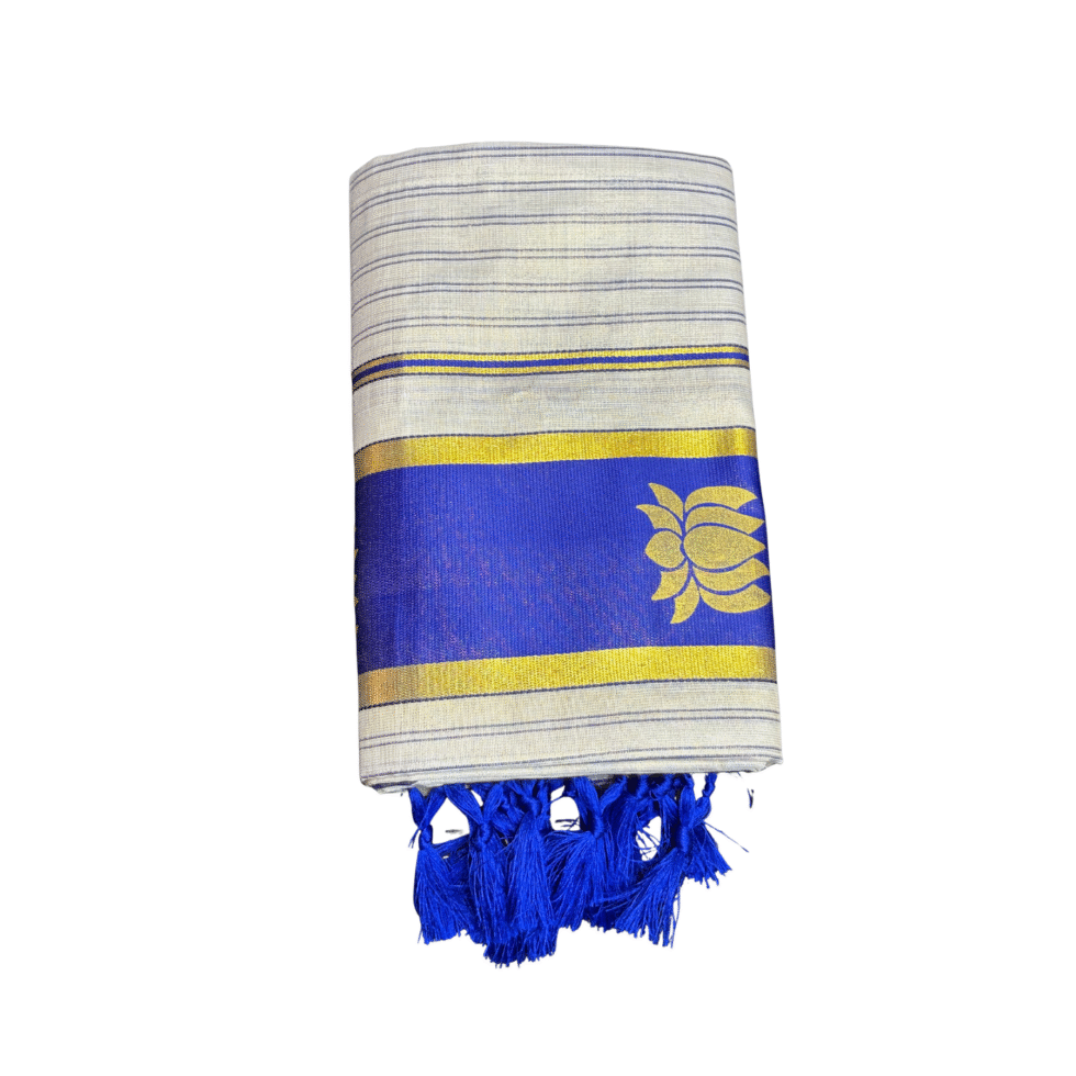 Ramsons Gold Lotus Printed Tissue Set Mundu with Tassels – RM6488