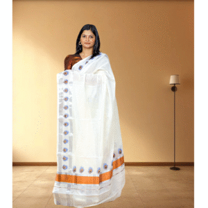 Ramsons Mayilpeeli Printed Cotton Saree with Copper Jari and Silver Kasavu Border - RM1623