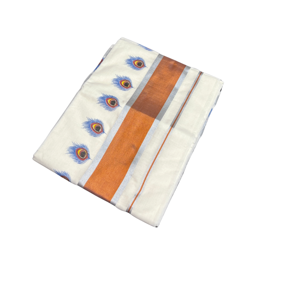 Ramsons Mayilpeeli Printed Cotton Saree with Copper Jari and Silver Kasavu Border - RM1623