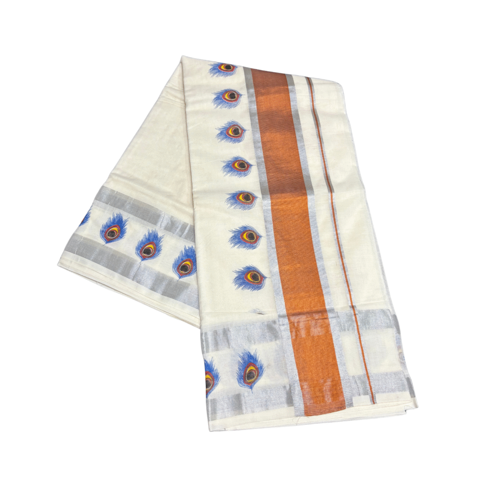 Ramsons Mayilpeeli Printed Cotton Saree with Copper Jari and Silver Kasavu Border - RM1623
