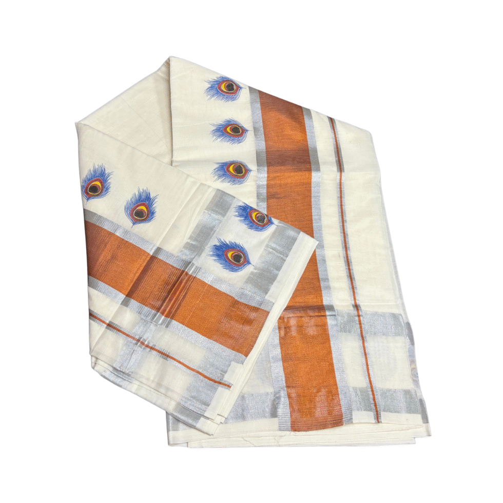 Ramsons Mayilpeeli Printed Cotton Saree with Copper Jari and Silver Kasavu Border - RM1623