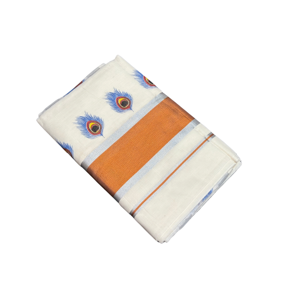 Ramsons Mayilpeeli Printed Cotton Saree with Copper Jari and Silver Kasavu Border - RM1623