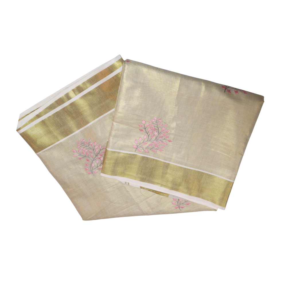 Ramsons Patralekha Tissue Saree with Leaf Embroidery - RM4001 Pink