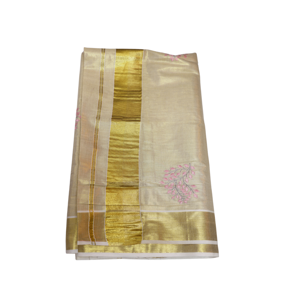 Ramsons Patralekha Tissue Saree with Leaf Embroidery - RM4001 Pink