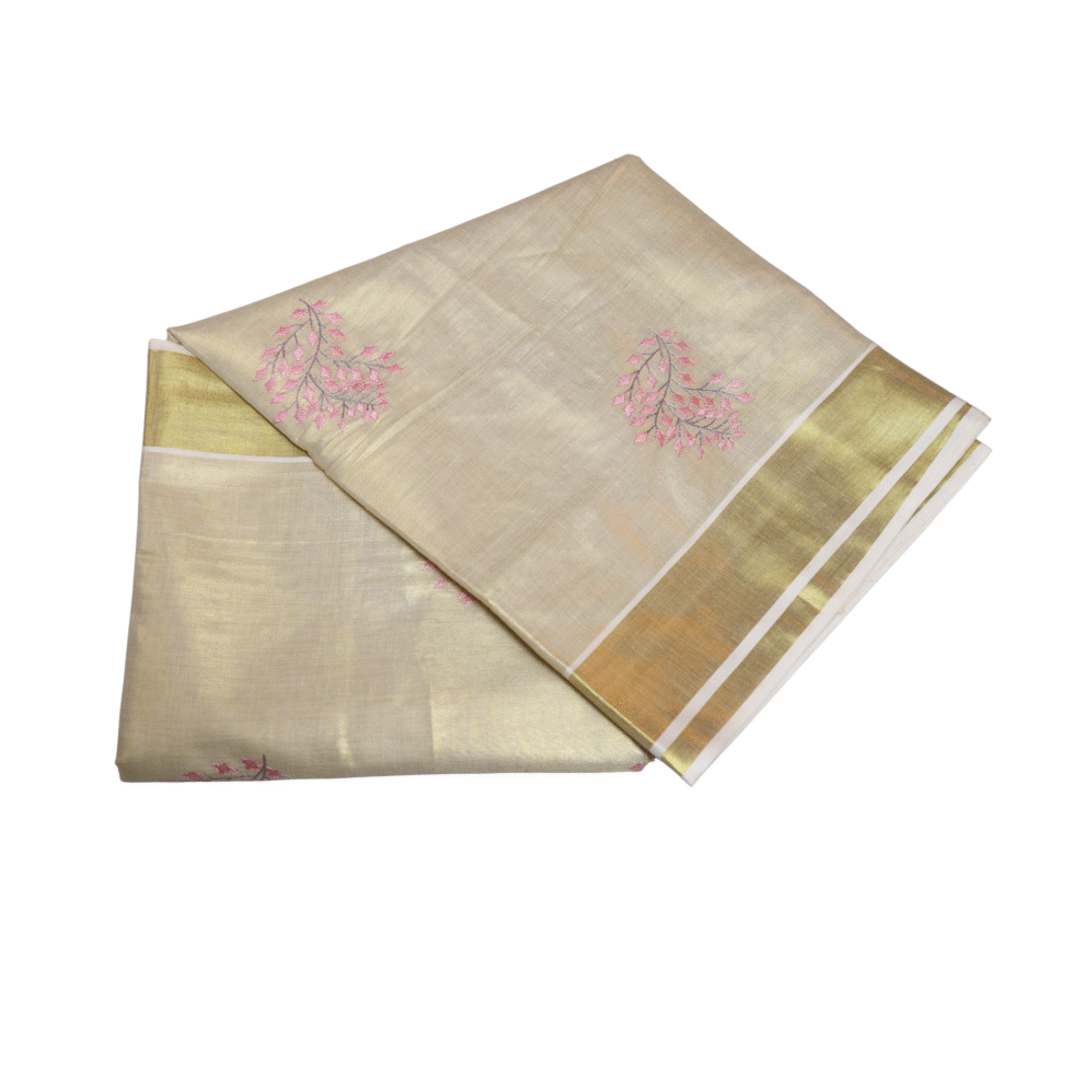 Ramsons Patralekha Tissue Saree with Leaf Embroidery - RM4001 Pink