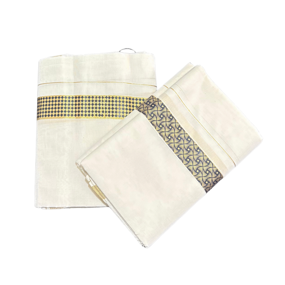 Ramsons Samrat Double Dhoti with Black Prints on Kasavu - RM3706