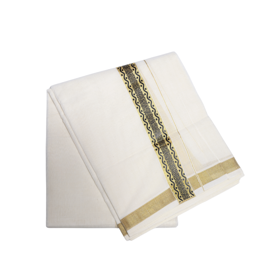 Ramsons Suvastra Double Dhoti with Black Printed Design on Kasavu - RM3704