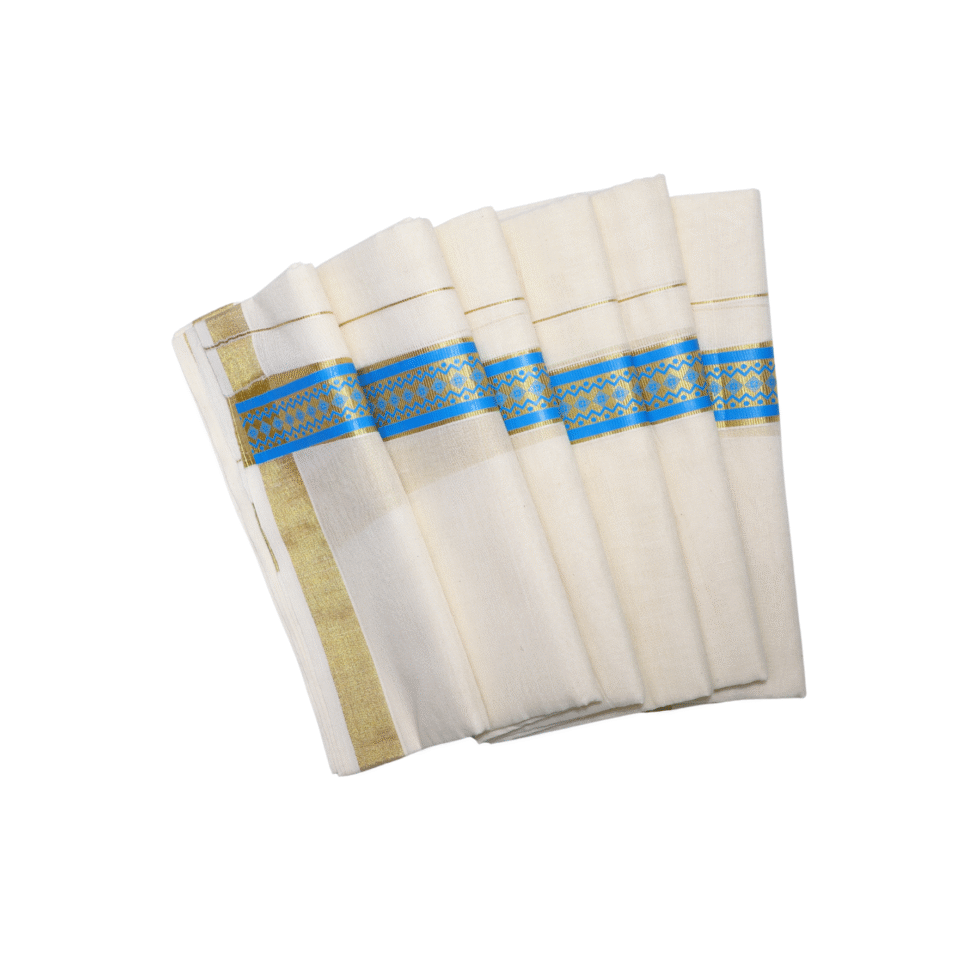 Ramsons Suvastra Double Dhoti with Blue Printed Design on Kasavu - RM3704