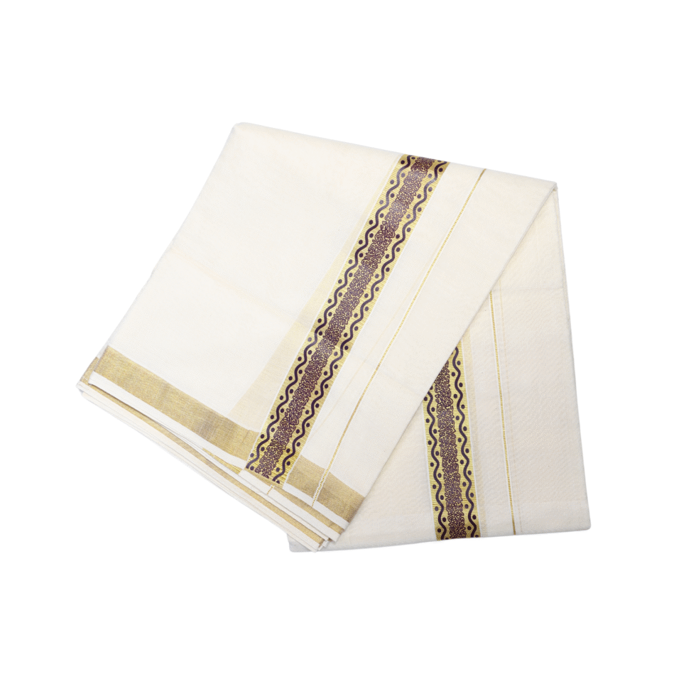 Ramsons Suvastra Double Dhoti with Dark Brown Printed Design on Kasavu - RM3704
