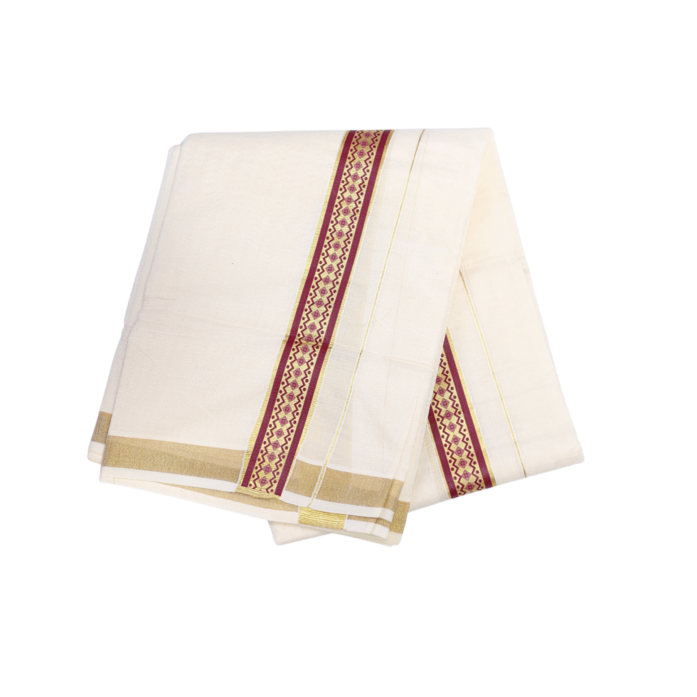 Ramsons Suvastra Double Dhoti with Maroon Printed Design on Kasavu - RM3704
