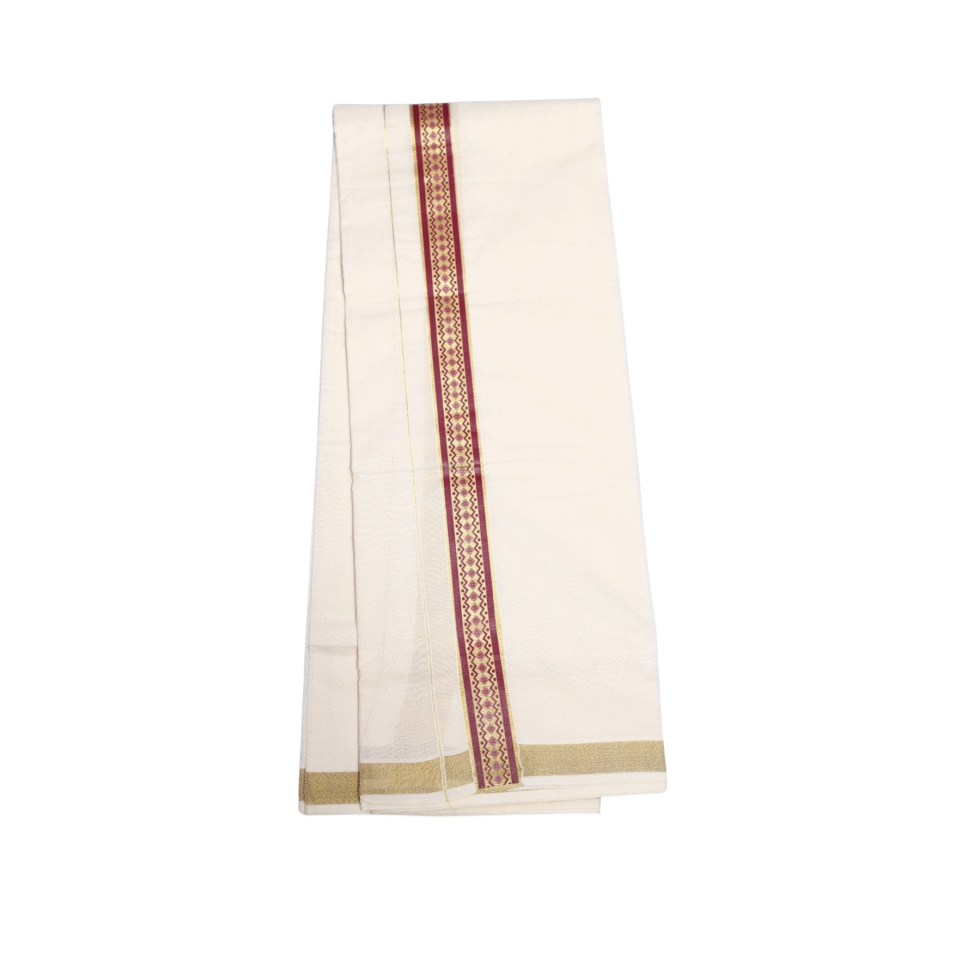 Ramsons Suvastra Double Dhoti with Maroon Printed Design on Kasavu - RM3704
