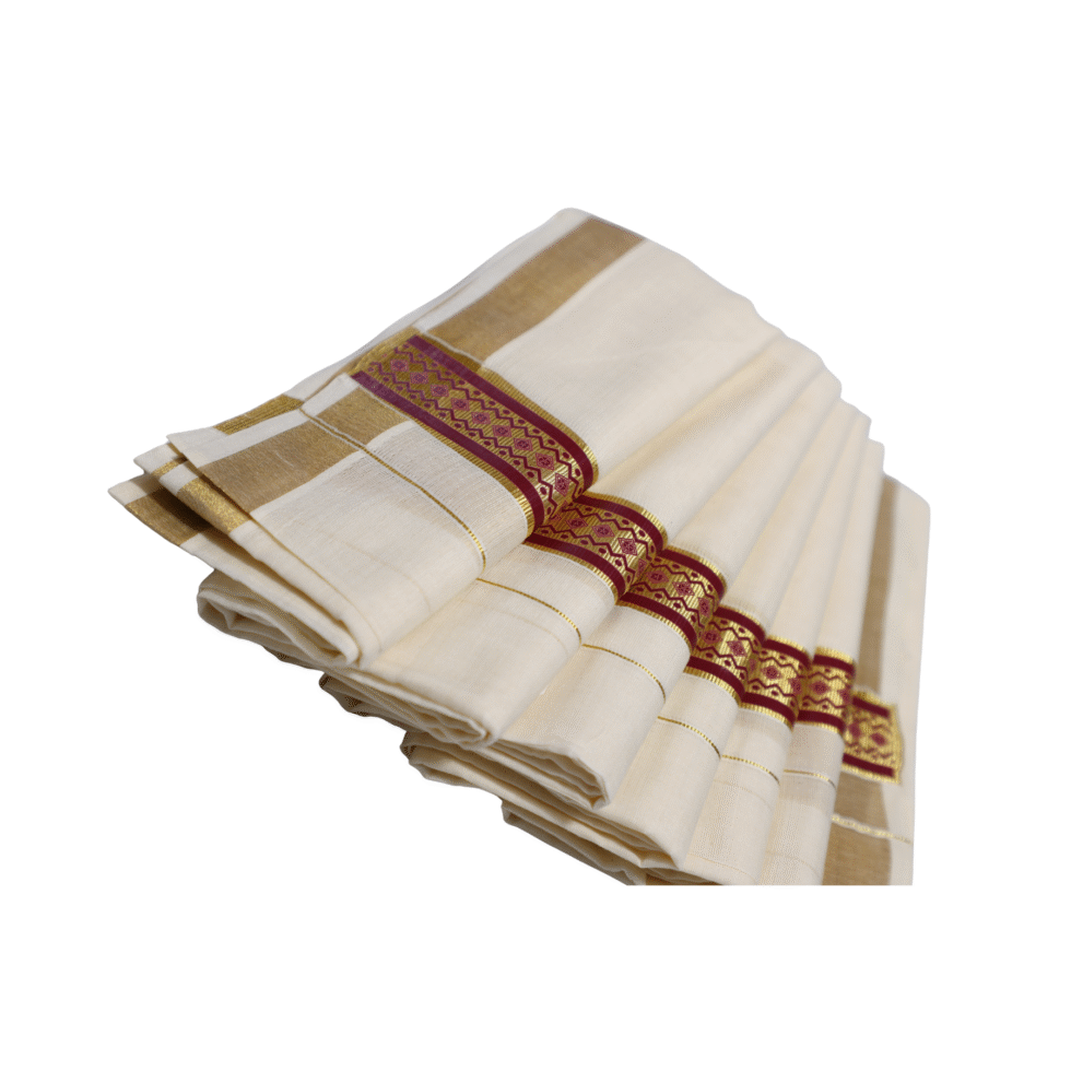 Ramsons Suvastra Double Dhoti with Maroon Printed Design on Kasavu - RM3704