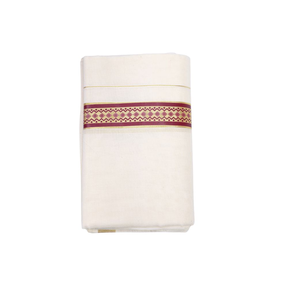 Ramsons Suvastra Double Dhoti with Maroon Printed Design on Kasavu - RM3704
