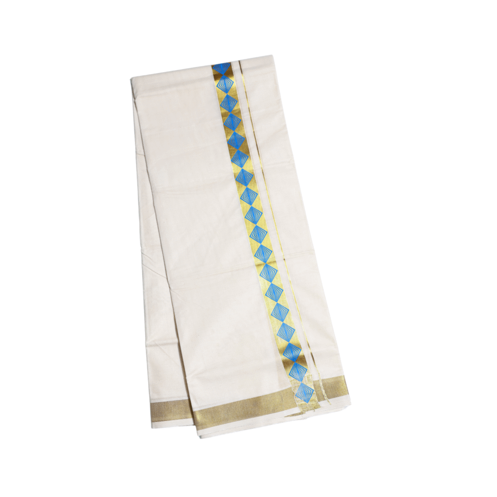 Ramsons Suvastra Double Dhoti with Royal Blue Printed Design on Kasavu - RM3704
