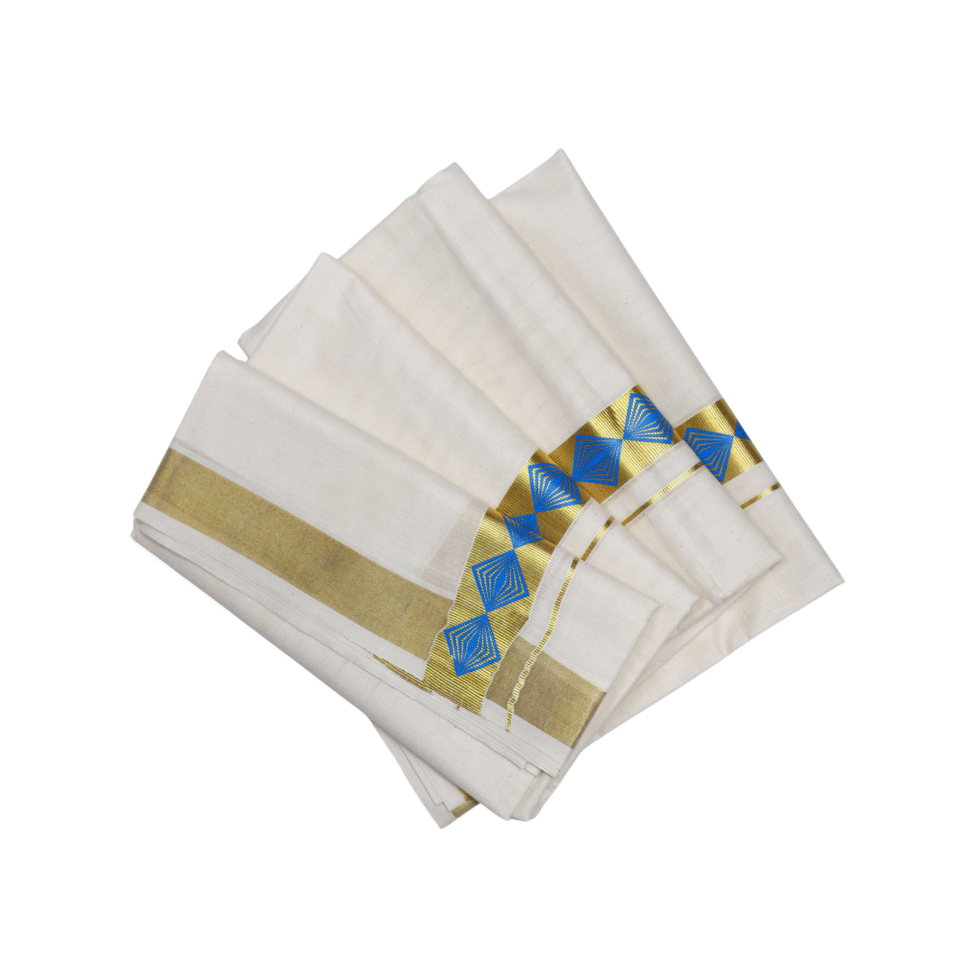 Ramsons Suvastra Double Dhoti with Royal Blue Printed Design on Kasavu - RM3704