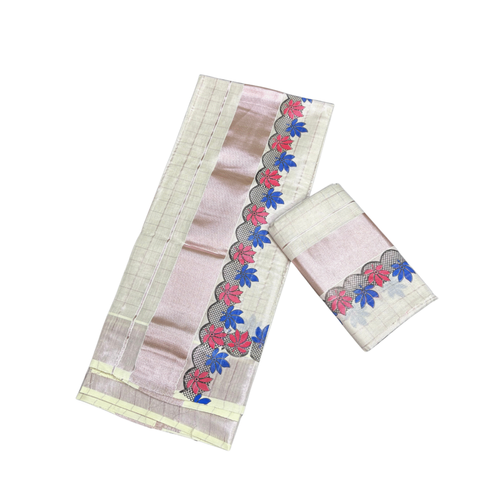 Ramsons Tissue Set Mundu with Printed Flowers and Rose Gold Kara - RM6483 Red & Blue Flowers