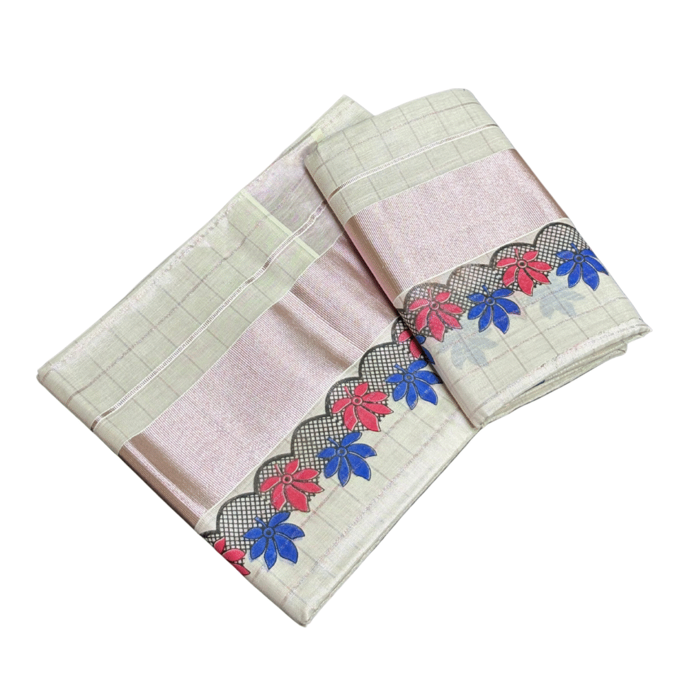 Ramsons Tissue Set Mundu with Printed Flowers and Rose Gold Kara - RM6483 Red & Blue Flowers