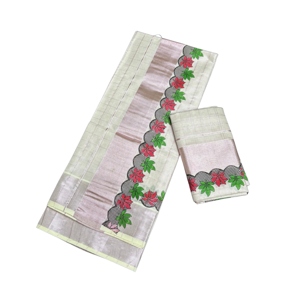 Ramsons Tissue Set Mundu with Printed Flowers and Rose Gold Kara - RM6483 Red & Green Flowers (2)