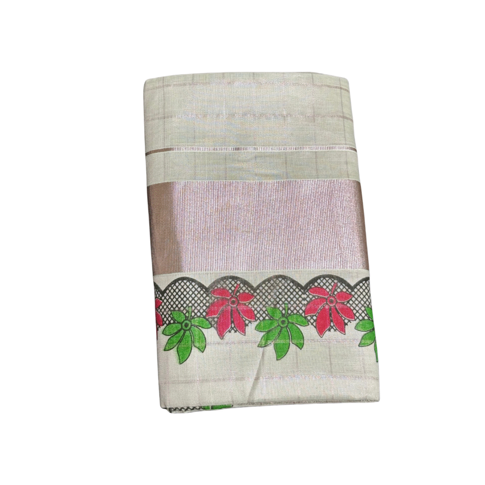 Ramsons Tissue Set Mundu with Printed Flowers and Rose Gold Kara - RM6483 Red & Green Flowers