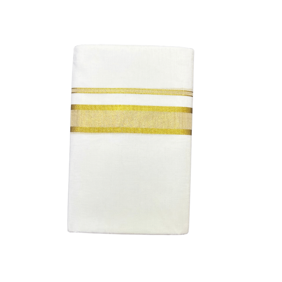 Ramsons White Cotton Double Dhoti with 2 Inch Gold Fancy Kara – RM3124
