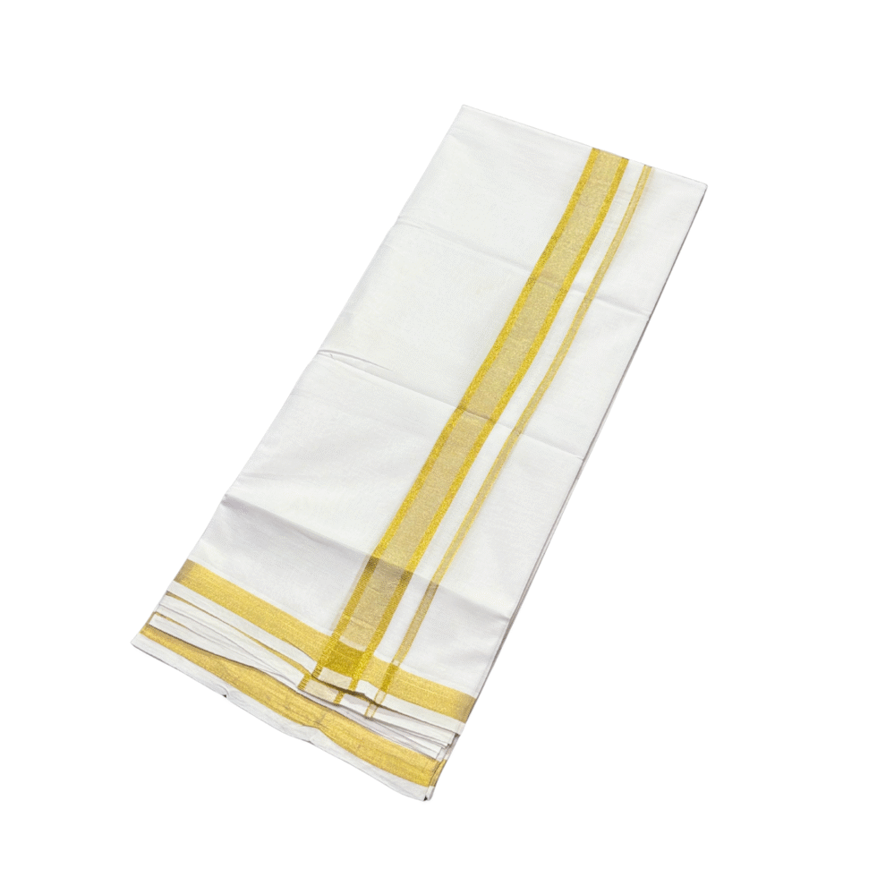 Ramsons White Cotton Double Dhoti with 2 Inch Gold Fancy Kara – RM3124