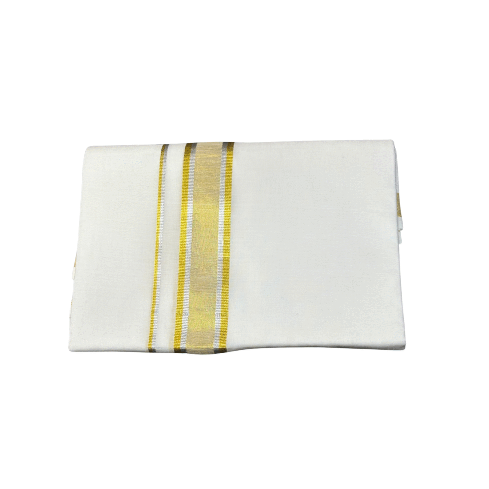 Ramsons White Cotton Double Dhoti with Gold Kara and Silver Border - RM3223