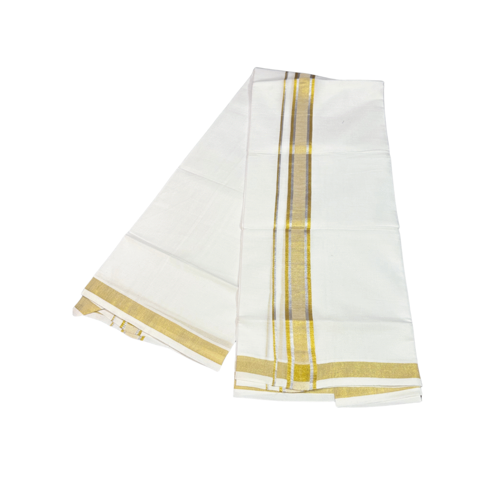 Ramsons White Cotton Double Dhoti with Gold Kara and Silver Border - RM3223