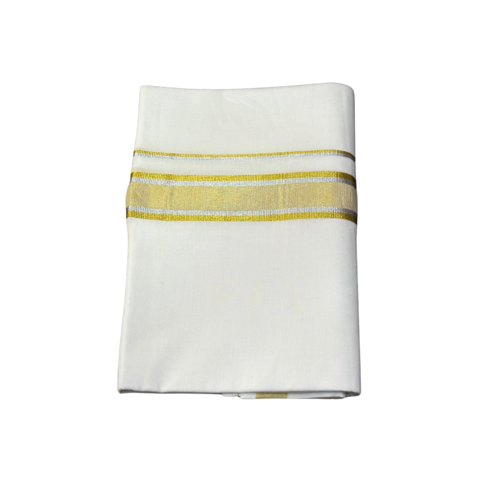 Ramsons White Cotton Double Dhoti with Gold Kara and Silver Border - RM3223