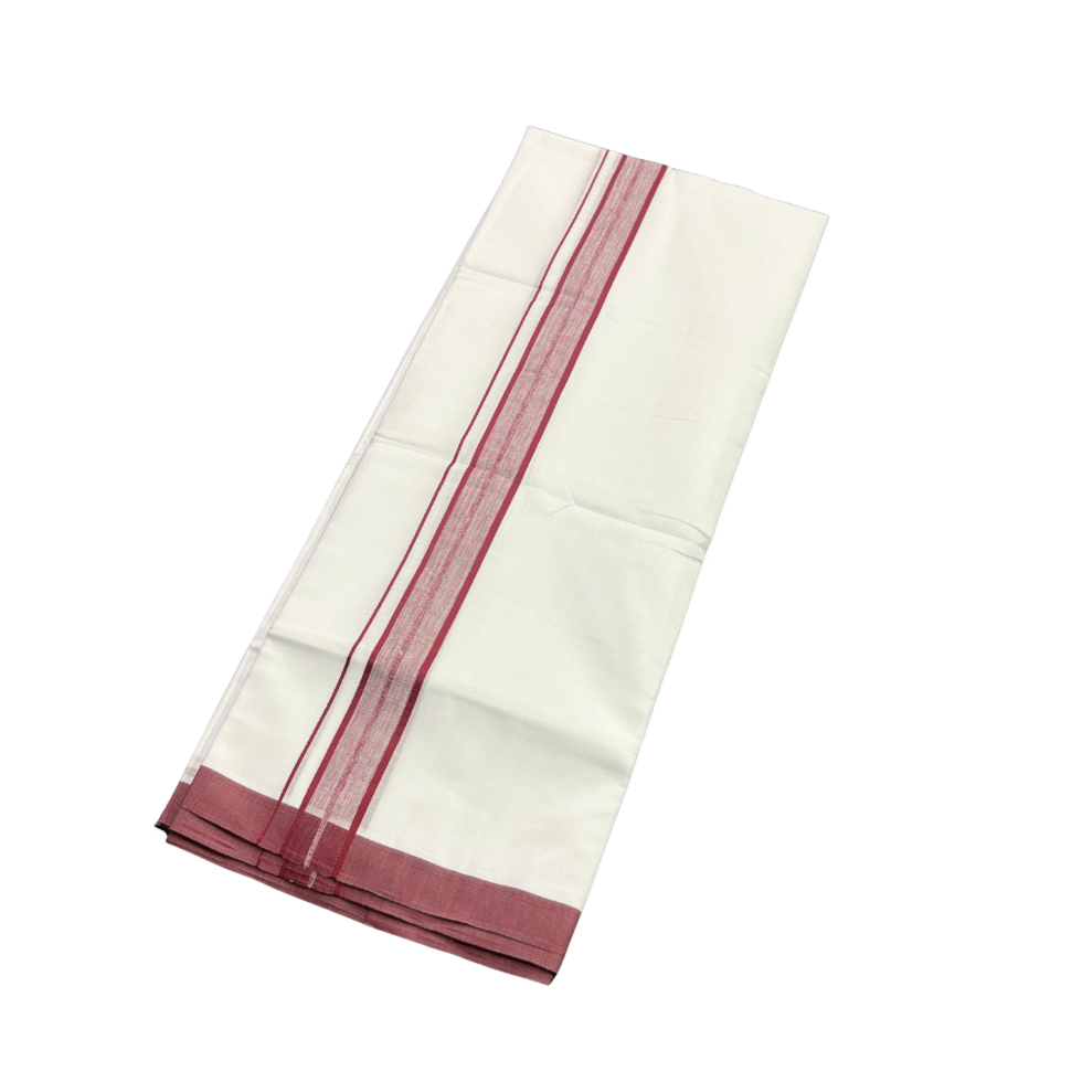 Ramsons White Cotton Double Dhoti with Maroon Border - RM602