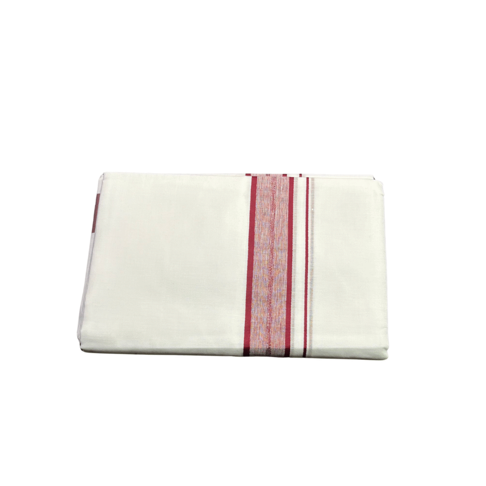 Ramsons White Cotton Double Dhoti with Maroon Border - RM602