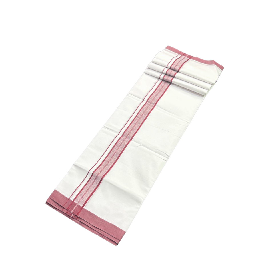 Ramsons White Cotton Double Dhoti with Maroon Border - RM602