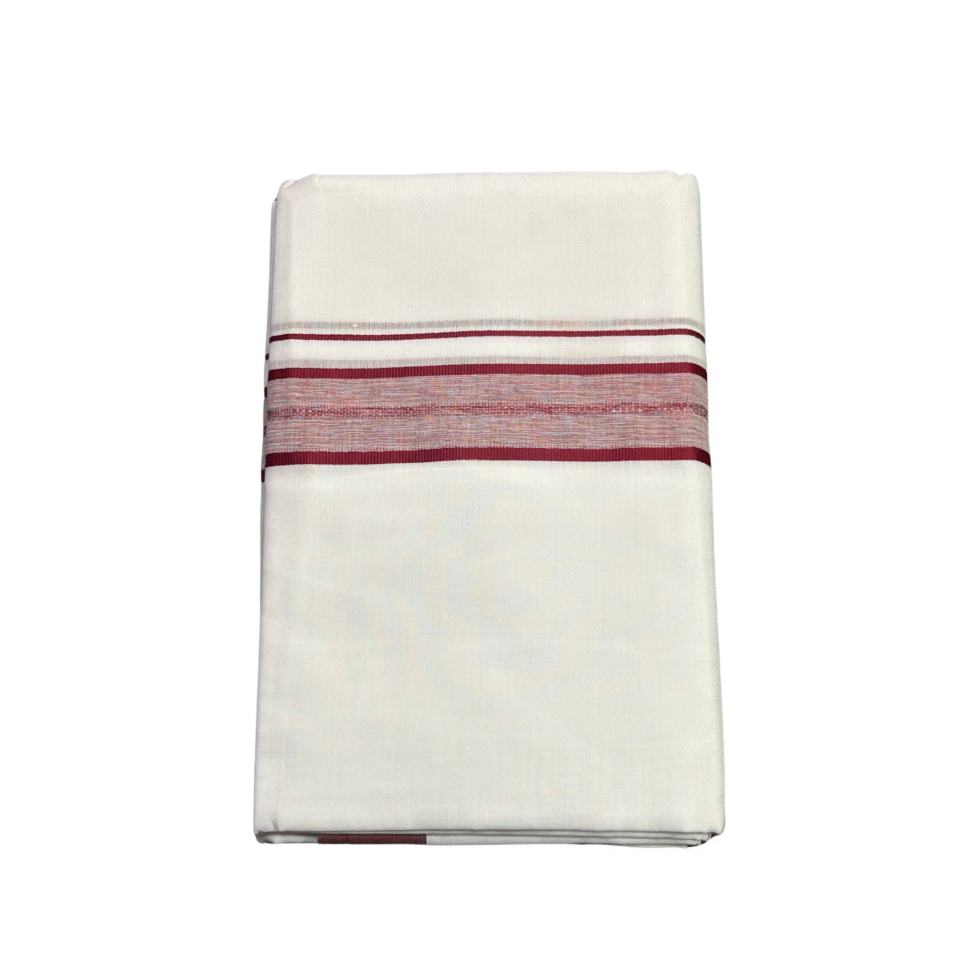 Ramsons White Cotton Double Dhoti with Maroon Border - RM602