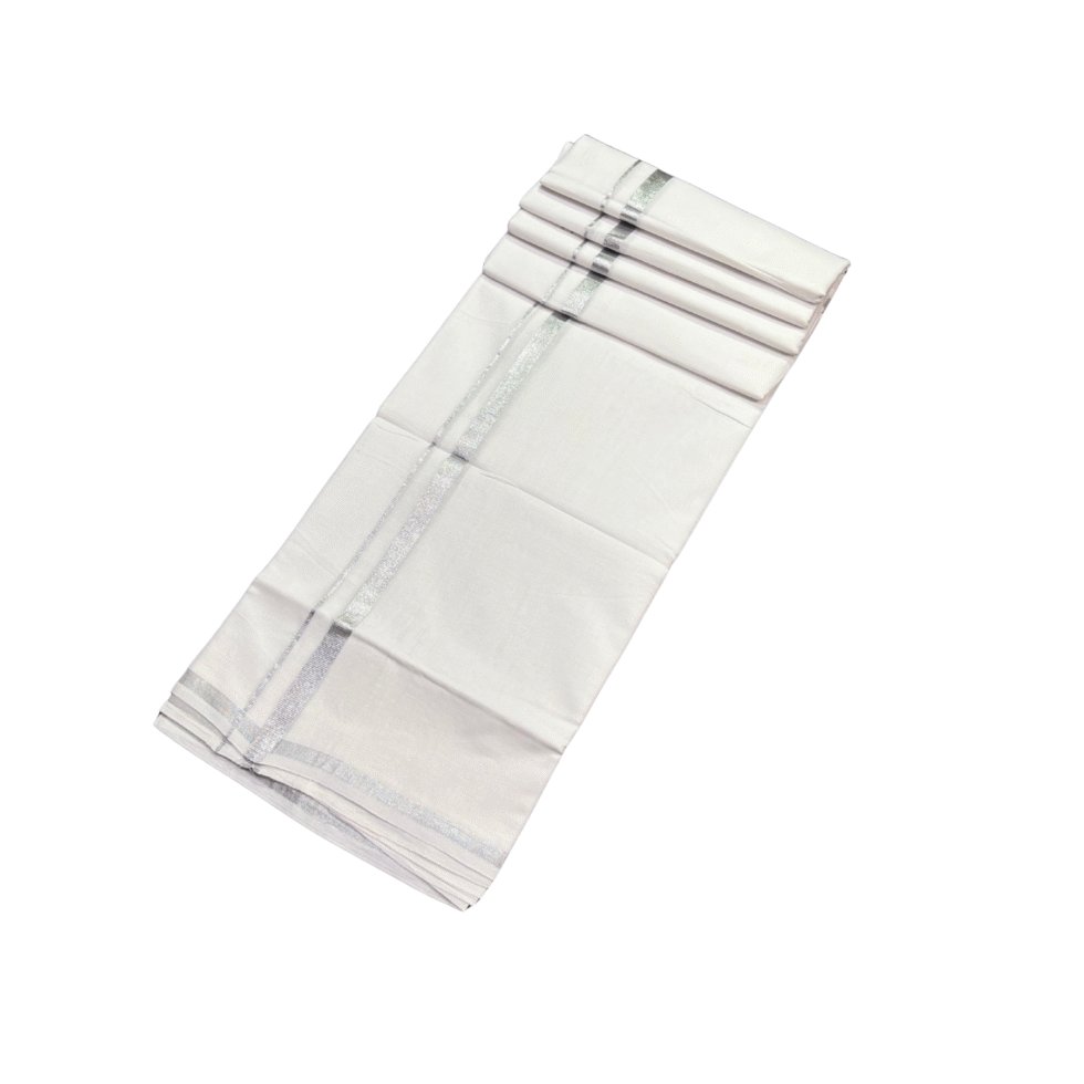 Ramsons White Cotton Single Dhoti with Half Inch Silver Kattikara - RM5205