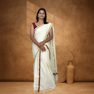 Ramsons Simple Cotton Set Mundu with Gold and Maroon Kara – RM89