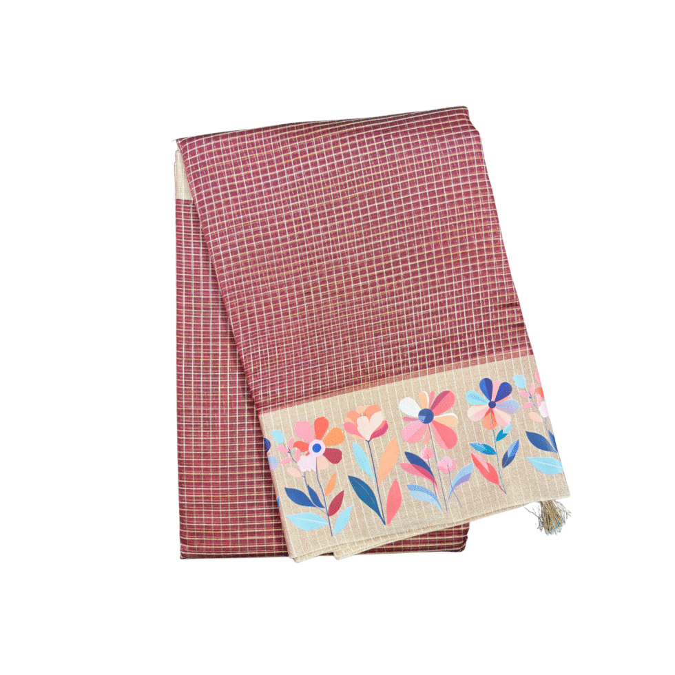 Sarvamangala Kalini Tissue Check Saree With Floral Design Border - TKS184