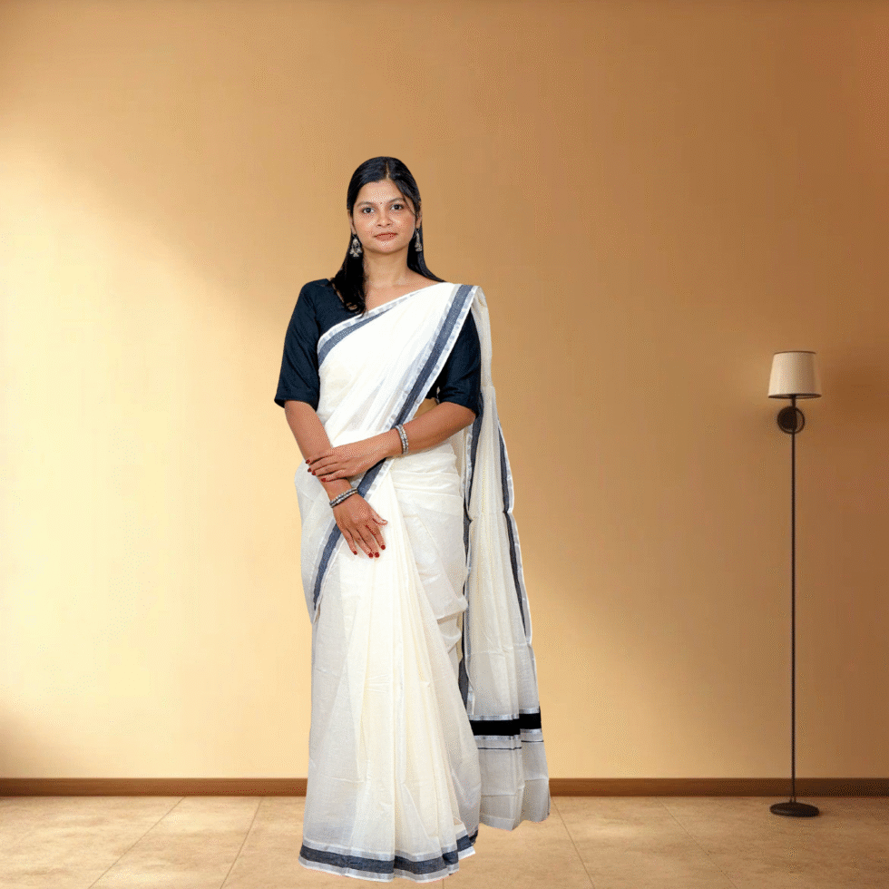 Ramsons Cotton Set Saree with Black Kara and Silver Border - RM1645