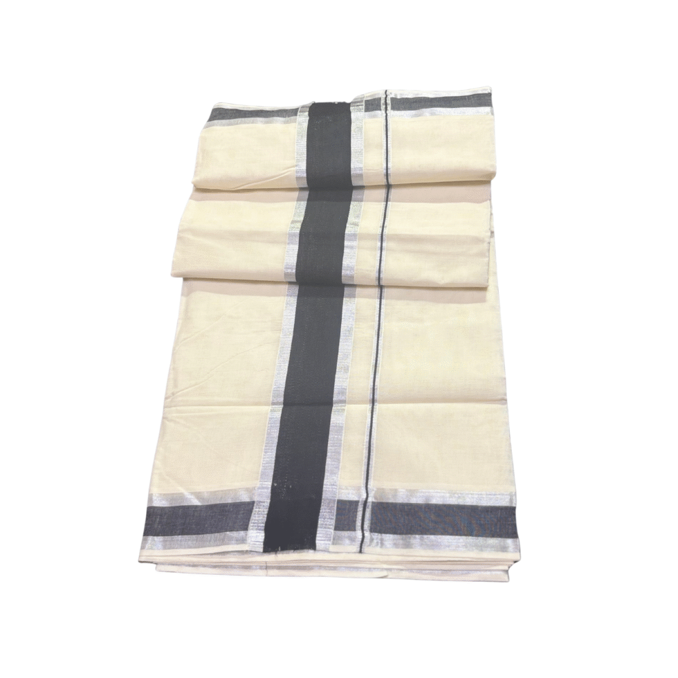 Ramsons Cotton Set Saree with Black Kara and Silver Border - RM1645
