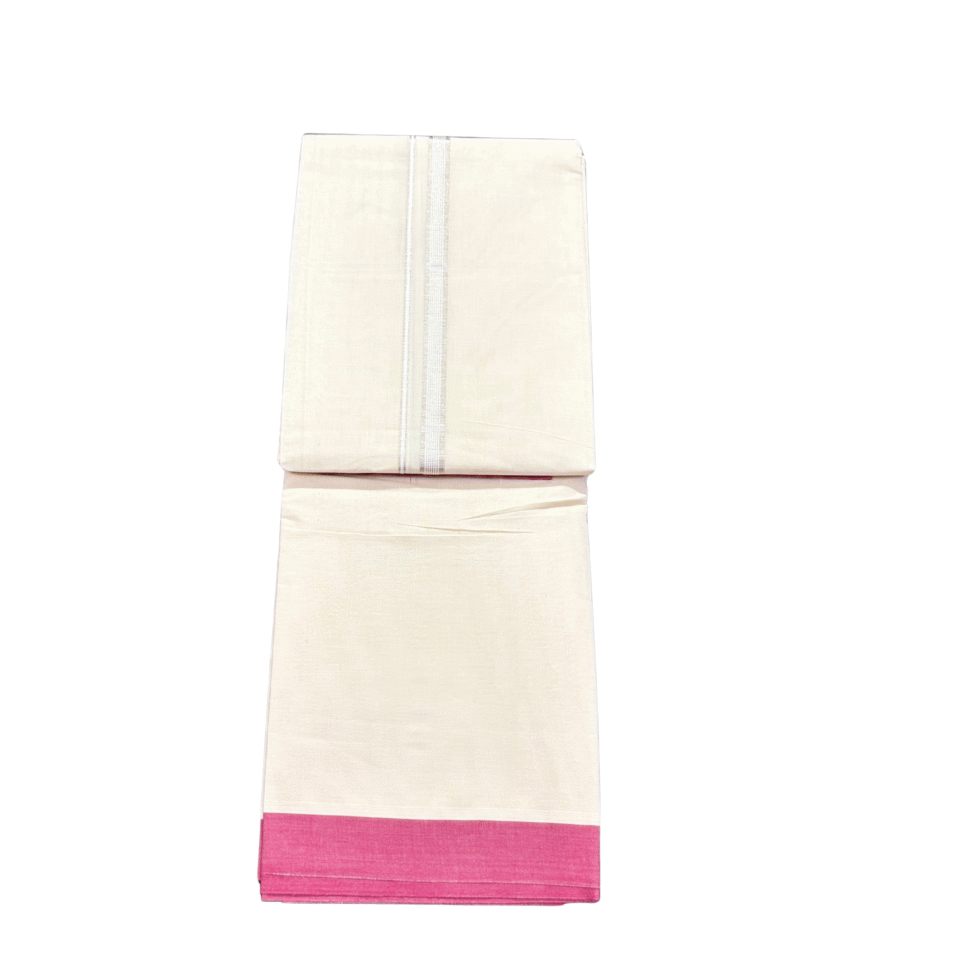 Ramsons Premium Cream Double Dhoti Rose Red Design Kara - RM3615