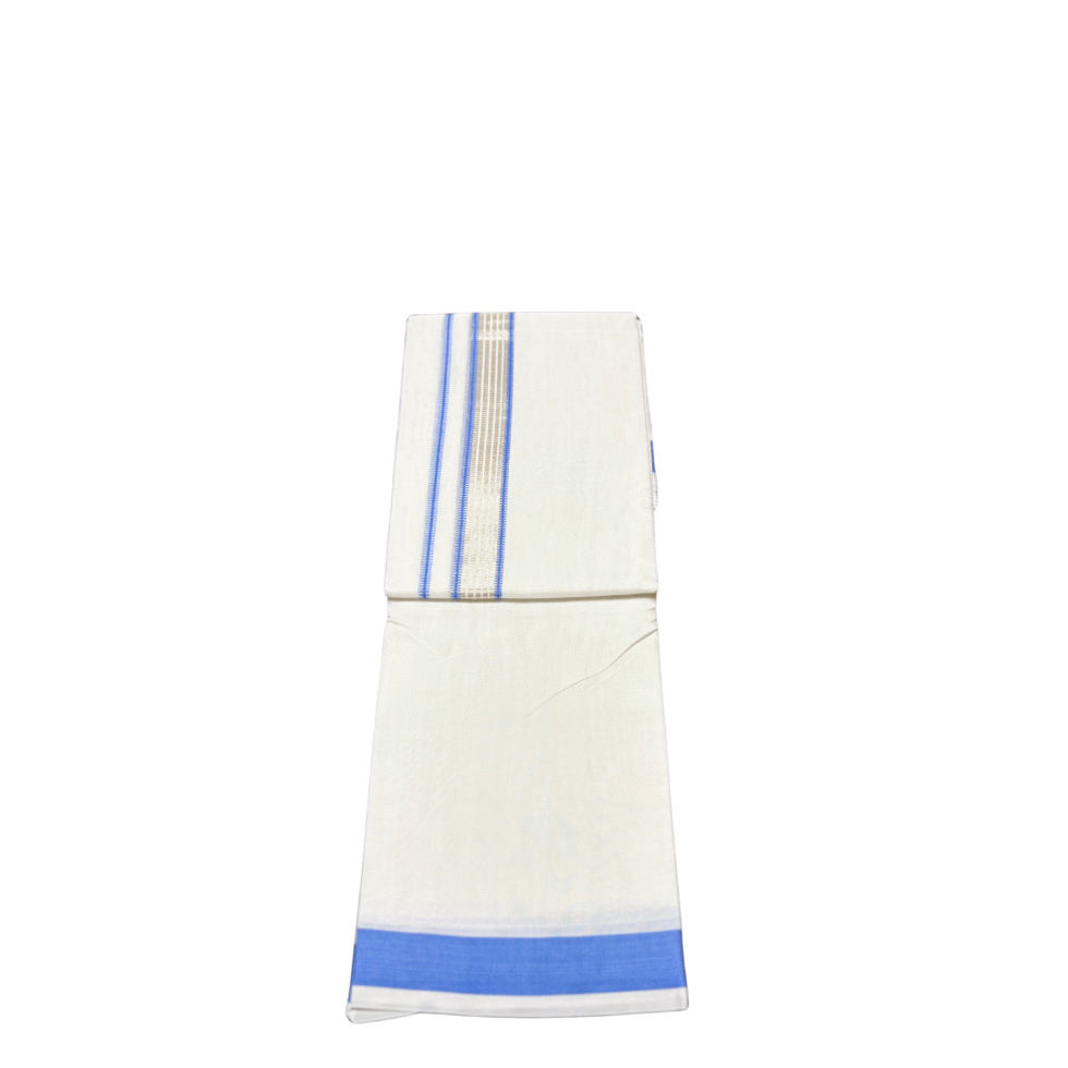 Ramsons Premium Handloom Cotton Double Dhoti With Blue And Silver Kara - RMHD39BS