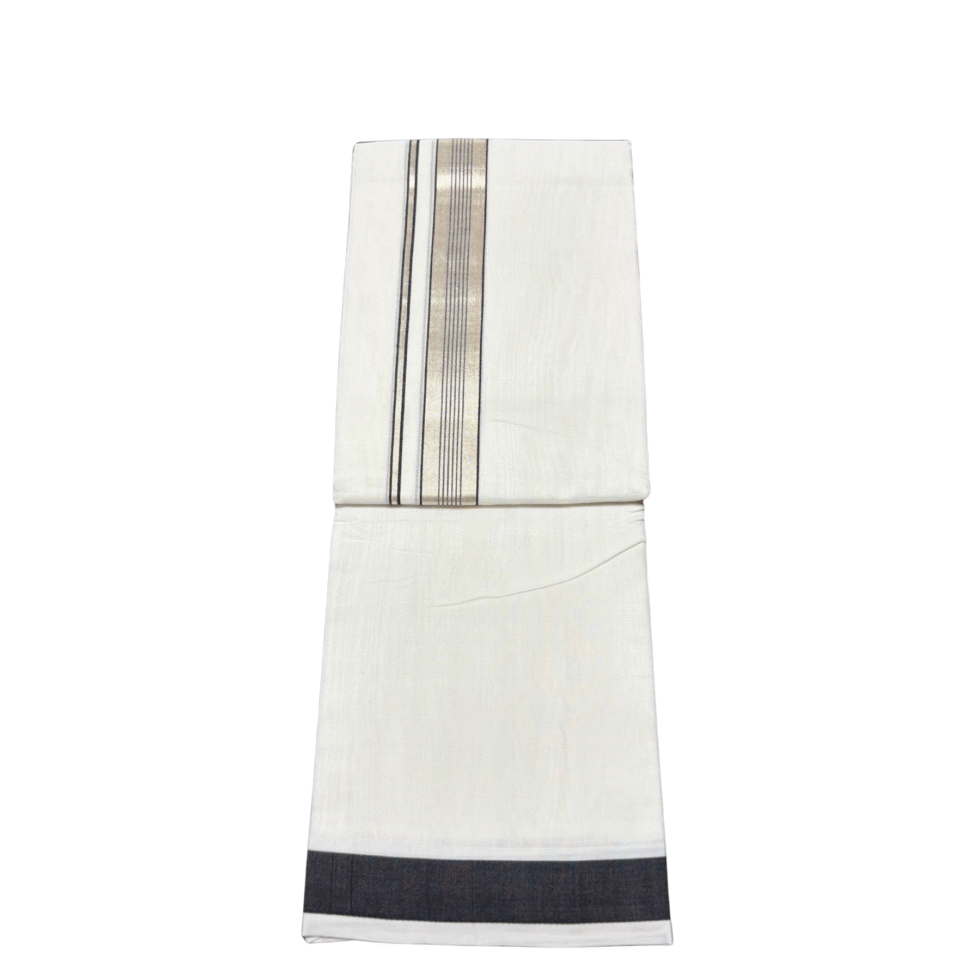 Ramsons Premium Handloom Cotton Double Dhoti With Silver Designed Kara - RMHD39