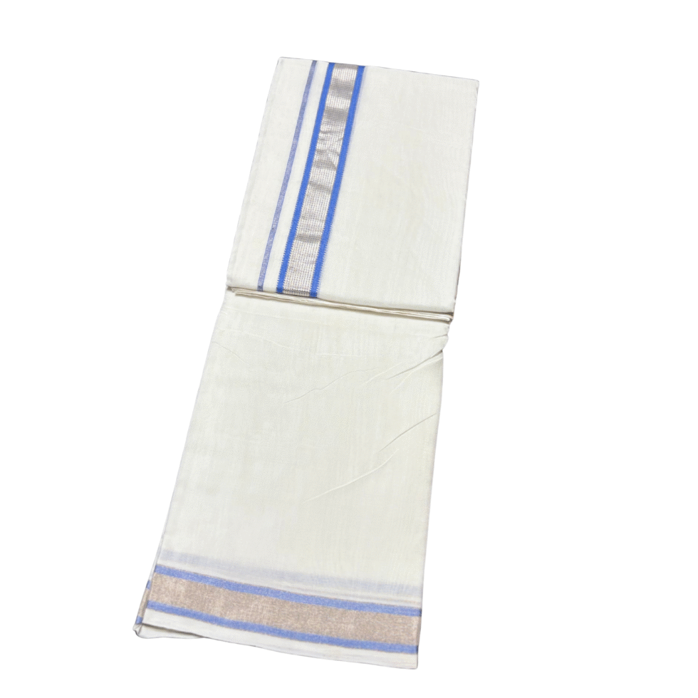 Ramsons Premium Handloom Double Dhoti Blue and Silver Kara RMHD -35B