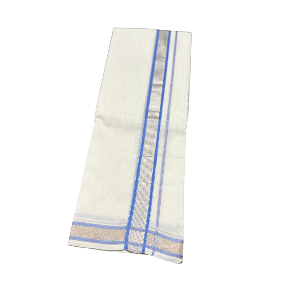 Ramsons Premium Handloom Double Dhoti Blue and Silver Kara RMHD -35Bd