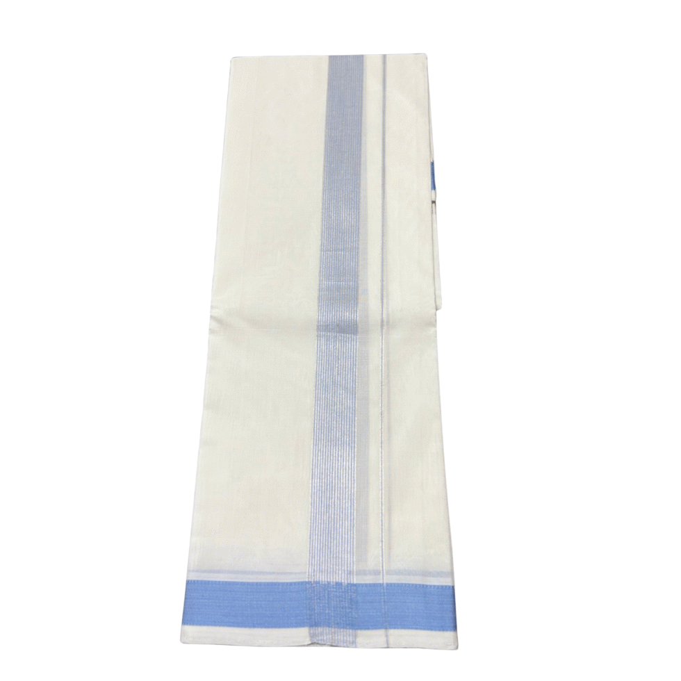 Ramsons Premium Handloom Double Dhoti RMHD38 – pure cotton in Blue with Silver Kara, elegant traditional wear for weddings & festive occasions