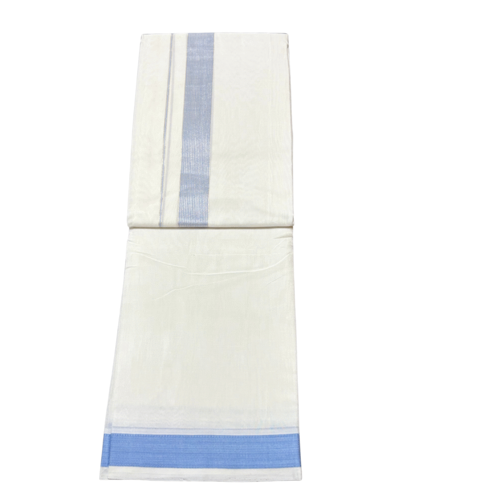 Ramsons Premium Handloom Double Dhoti RMHD38 – pure cotton in Blue with Silver Kara, elegant traditional wear for weddings & festive occasions