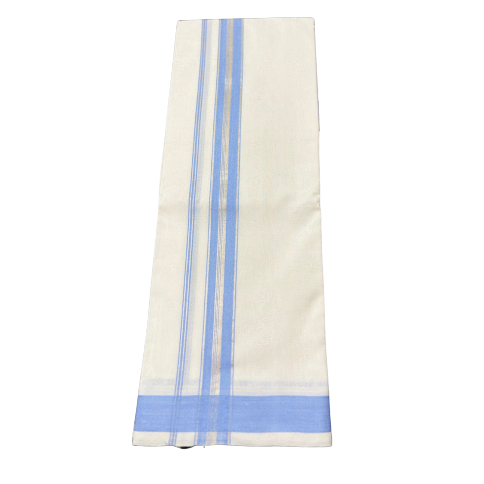 Ramsons Premium Handloom Double Dhoti Sky Blue And Silver Kara RMHD-37SB