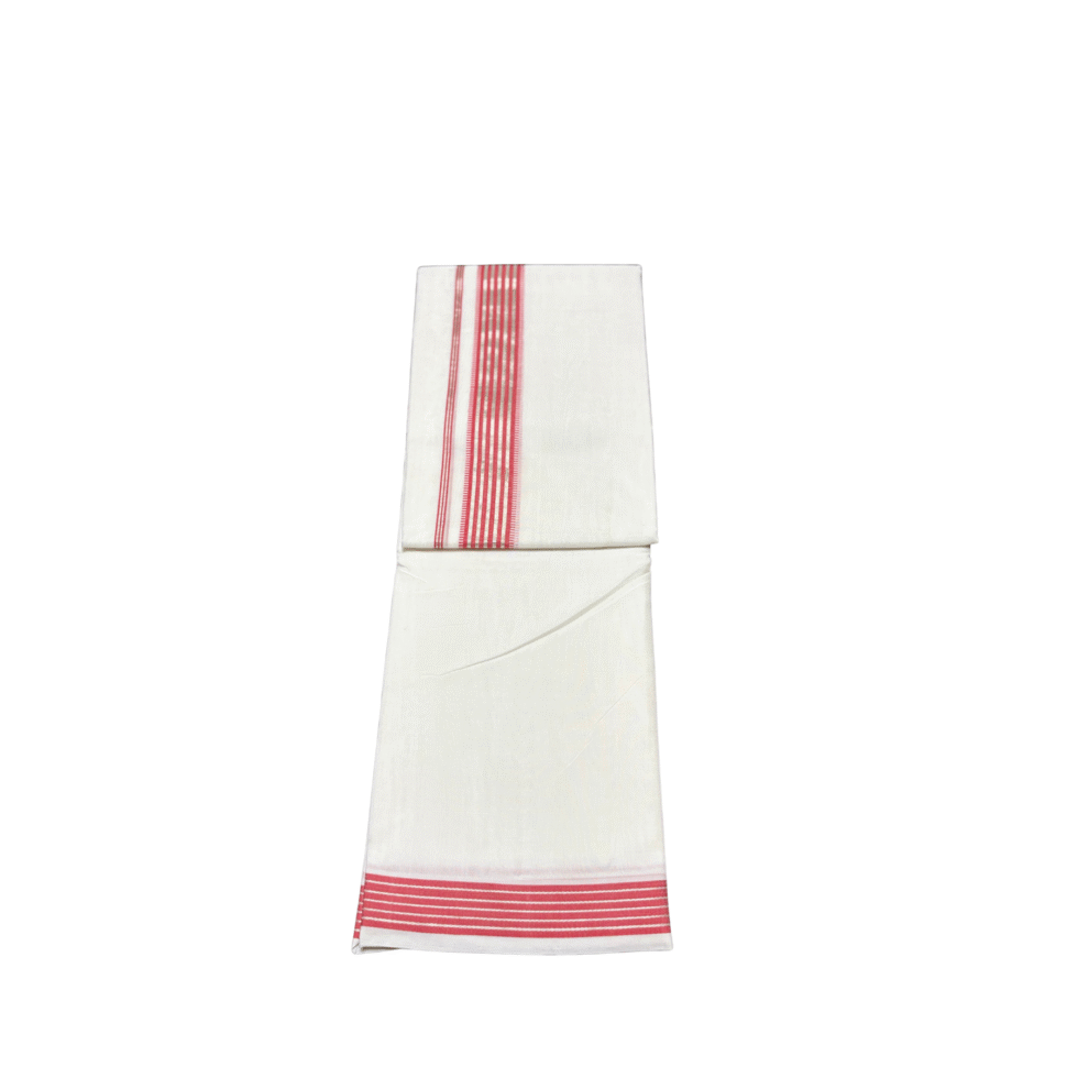 Ramsons Premium Handloom Double Dhoti with Lotus Red and Silver Kara - RM1195